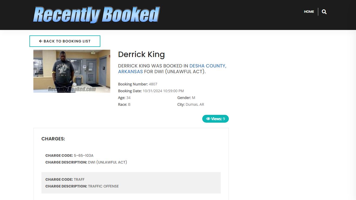 Recent Booking / Mugshot for Derrick King in Desha County, Arkansas